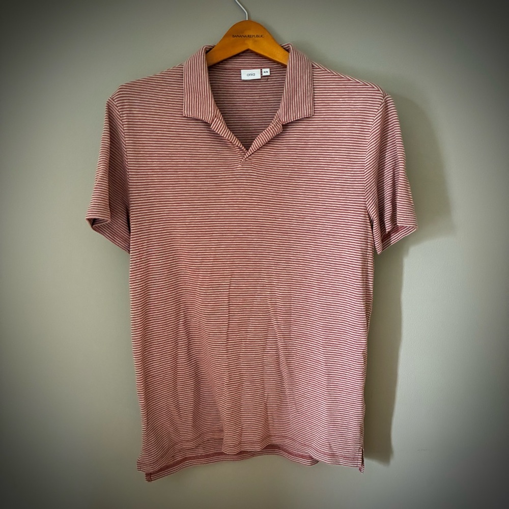 Onia Men's Polo Shirt Linen Blend - Red and White Stripes Size M